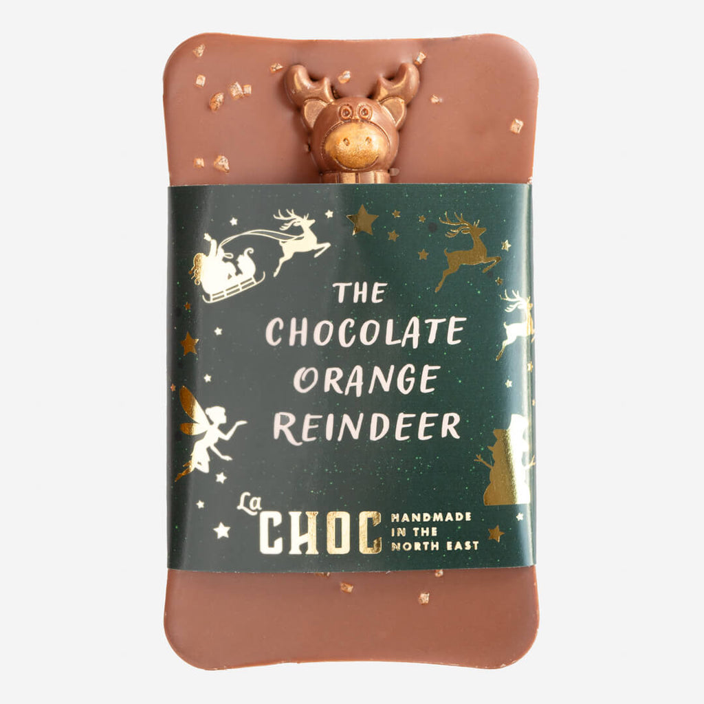 The Chocolate Orange Reindeer - a festive milk chocolate bar with orange flavour, topped with a reindeer decoration, handmade by La Chocolatrice in the North East.