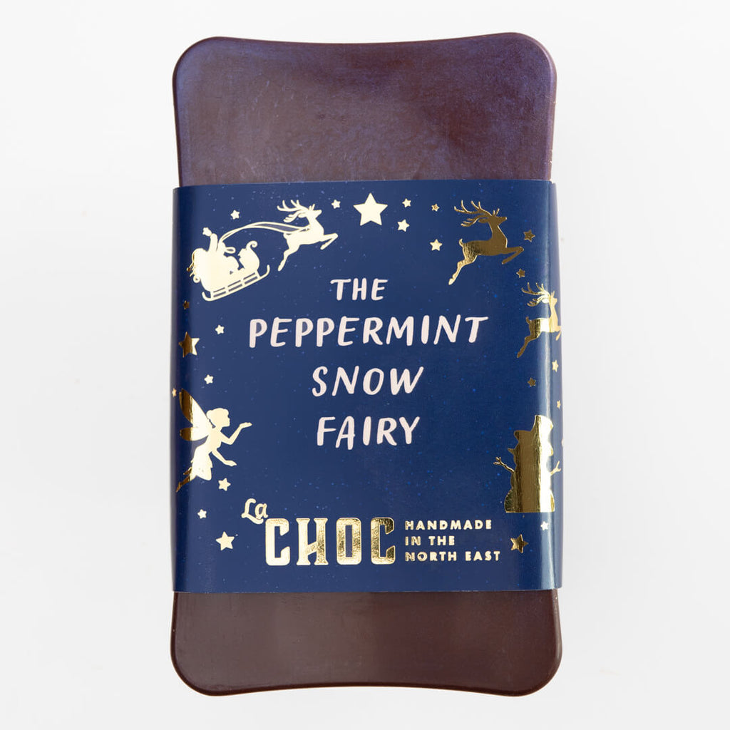 The Peppermint Snow Fairy - a rich dark chocolate bar infused with peppermint, featuring festive fairy-themed packaging, handmade by La Chocolatrice in the North East.