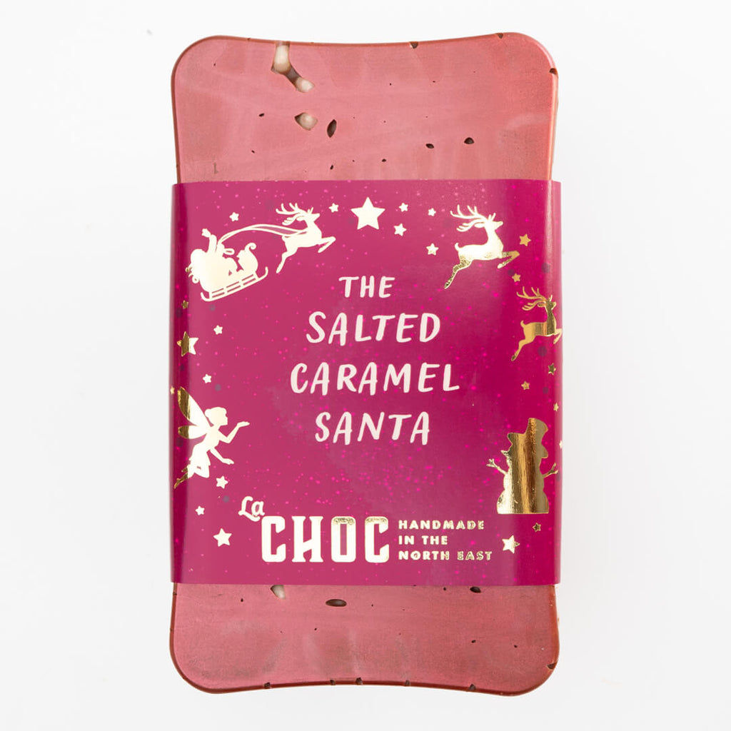 The Salted Caramel Santa - a smooth milk chocolate bar filled with salted caramel, decorated with Santa-themed packaging, handmade by La Chocolatrice in the North East.