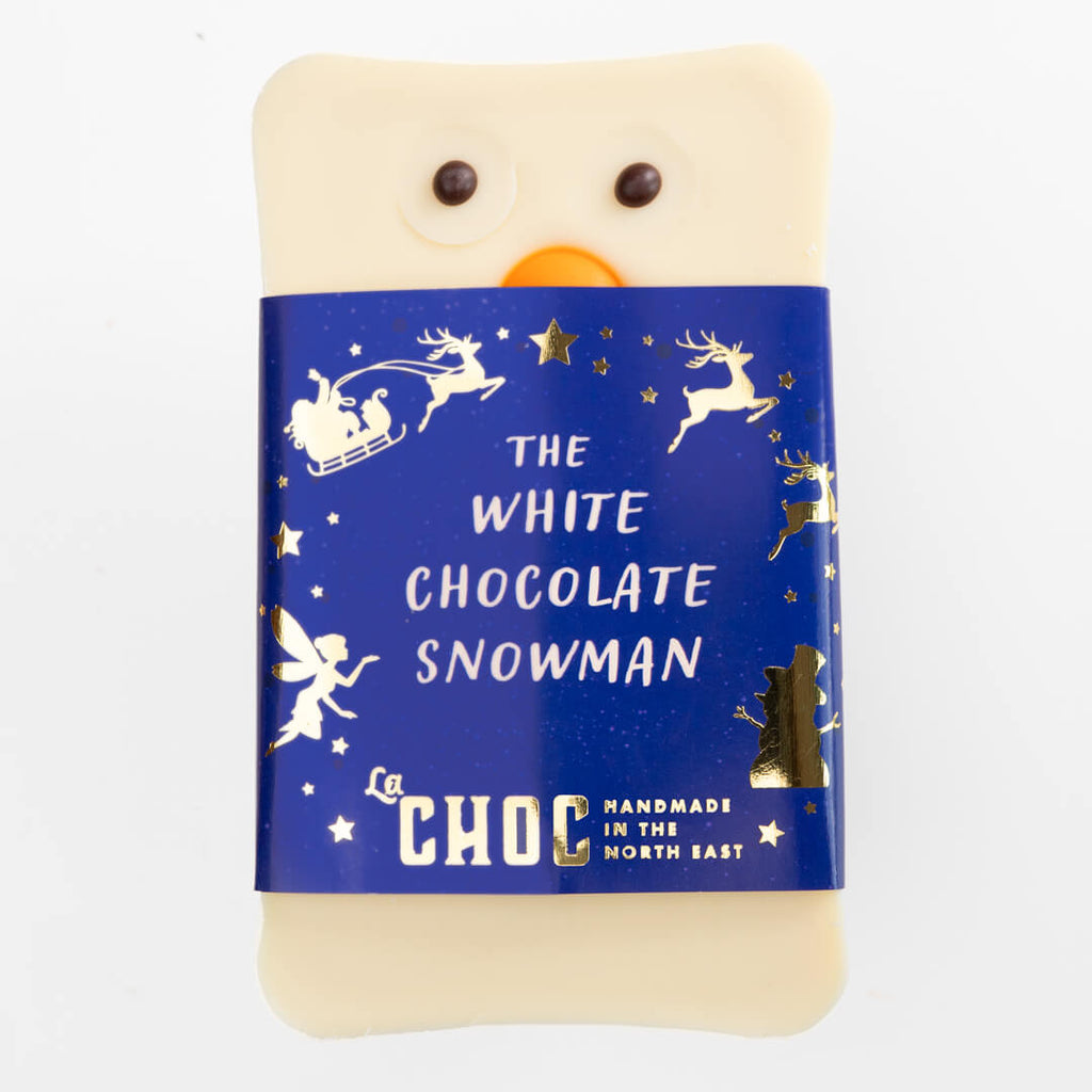 The White Chocolate Snowman - a creamy white chocolate bar with a fun snowman face decoration, handmade by La Chocolatrice in the North East.