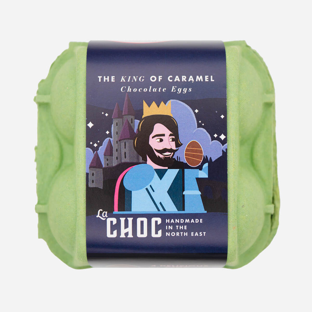 The King of Caramel chocolate eggs by La Choc, packaged in a green egg carton with illustrated medieval-themed branding.