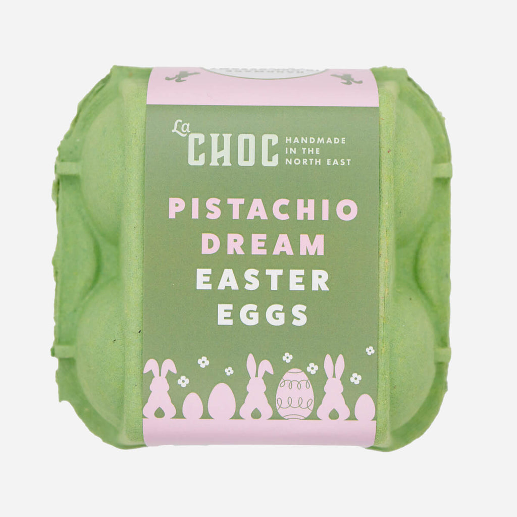 Pistachio Dream Easter Eggs by La Choc, packaged in a green egg carton with pink and white branding.