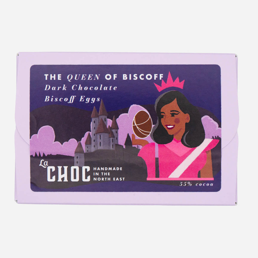 The Queen of Biscoff dark chocolate eggs by La Choc, packaged in a pastel purple box with an illustrated royal-themed design.