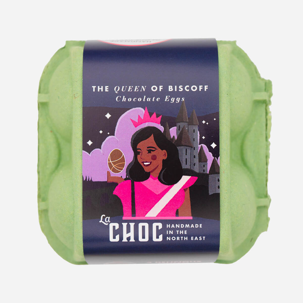 The Queen of Biscoff chocolate eggs by La Choc, packaged in a green egg carton featuring a princess-themed illustrated design.